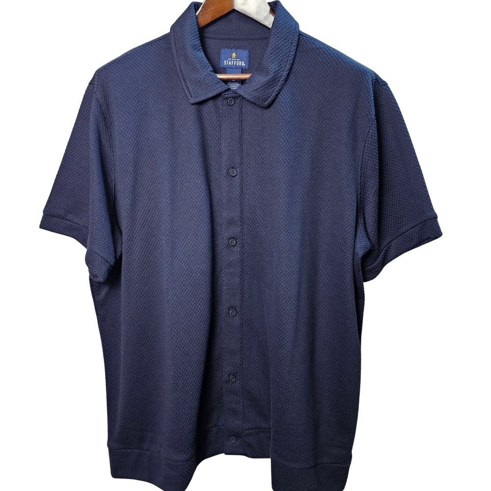 Stafford Mens XL Navy Blue Textured Short Sleeve Button Down Shirt New